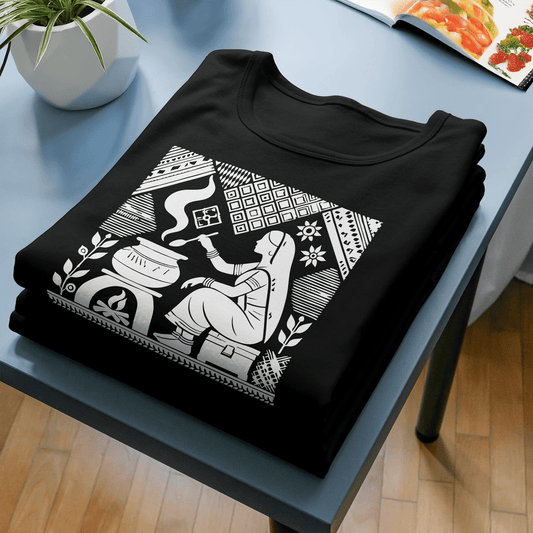 Graphic T-Shirt featuring reimagined Tagore art of a homemaker in traditional style. Black cotton tee with intricate white illustration, blending heritage with modern fashion.