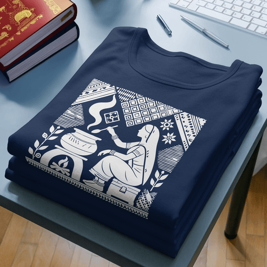 Graphic T-Shirt featuring reimagined Tagore art of a homemaker in traditional attire, printed on navy blue cotton fabric. A blend of heritage and modern fashion.