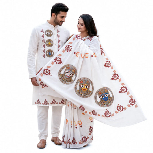 Jagannath Trinity Couple Combo – Khadi Cotton Saree & Panjabi Set (HD Printed)