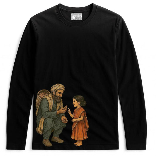 Kabuliwala T-Shirt - Rabindranath Tagore Tribute in black with full sleeves, featuring a detailed illustration of Kabuliwala and a young girl. Made from 100% cotton, ideal for literature and Tagore enthusiasts.