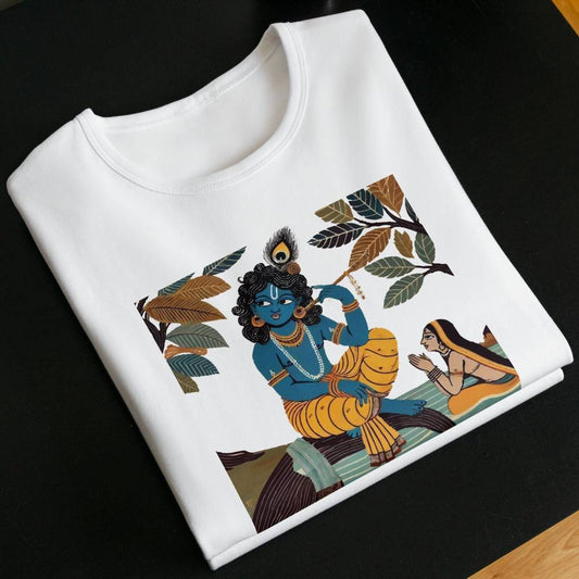 Krishna & Gopini graphic T-shirt featuring Indian folk art on soft cotton fabric. Inspired by Jamini Roy, this cultural tee blends tradition with style.