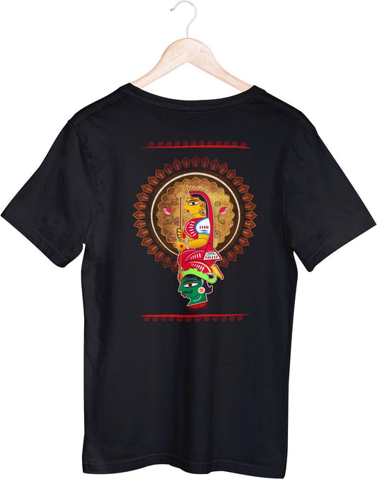 MahaGauri (Unisex T-Shirt) in black featuring a vibrant Durga artwork with traditional Bengali design, ideal for arts and sports collectibles fans.