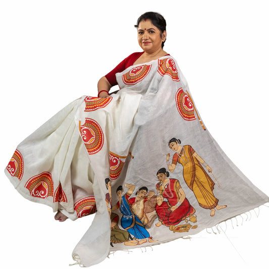 Mahila Mahal Saree — Kalighat Folk Art on White Linen Cotton | Wearable Bengali Heritage