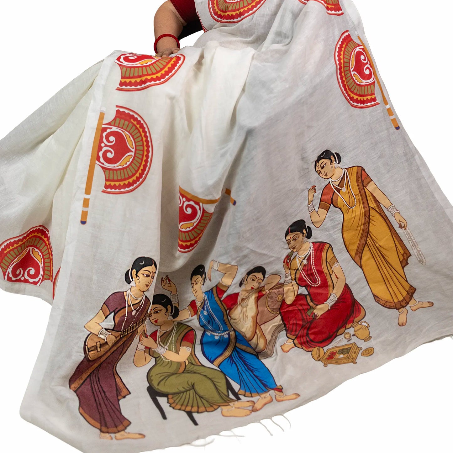 Mahila Mahal khadi cotton saree pallu close-up, Kalighat folk art scene of Bengali women in antahpur