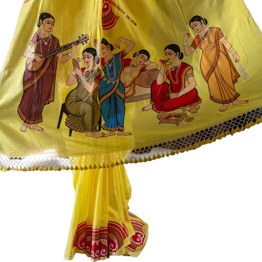 Mahila Mahal Bengali Folk Art Printed Khadi Cotton Saree in yellow with Kalighat Patachitra women motifs, ideal for cultural wear.