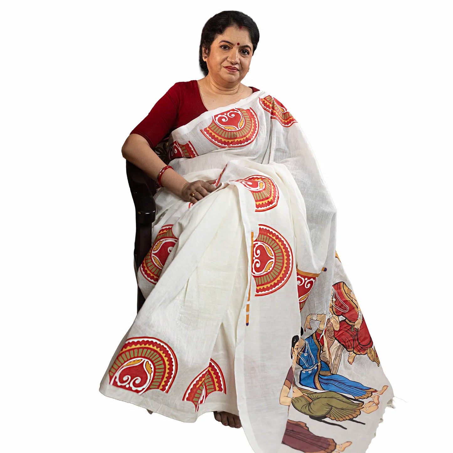 Mahila Mahal Saree — Kalighat Folk Art on White Linen Cotton | Wearable Bengali Heritage