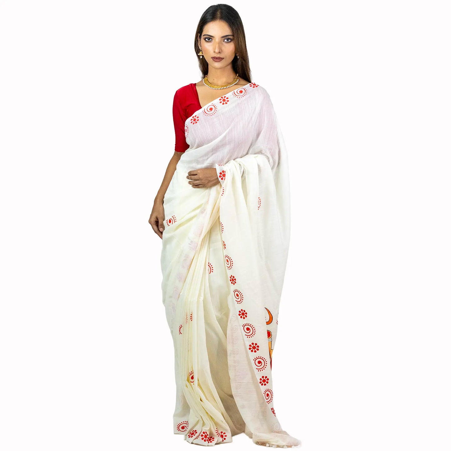 Mahishasurmardini Saree – Durga Slaying Mahishasura Folk Art Print with Red Alpona Border on White Khadi Cotton