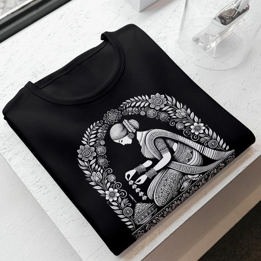 Malini - Bengali Alpona Graphic Tee in black, featuring intricate traditional floral motifs and a graceful female figure. Made from 100% cotton for unisex wear.