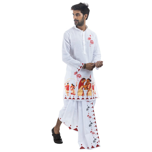 Durga Puja Nabami-Dashami panjabi for men, white cotton with dhunuchi dance and lotus print