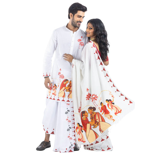 Durga Puja Nabami-Dashami couple combo, matching panjabi and saree with dhunuchi dance print