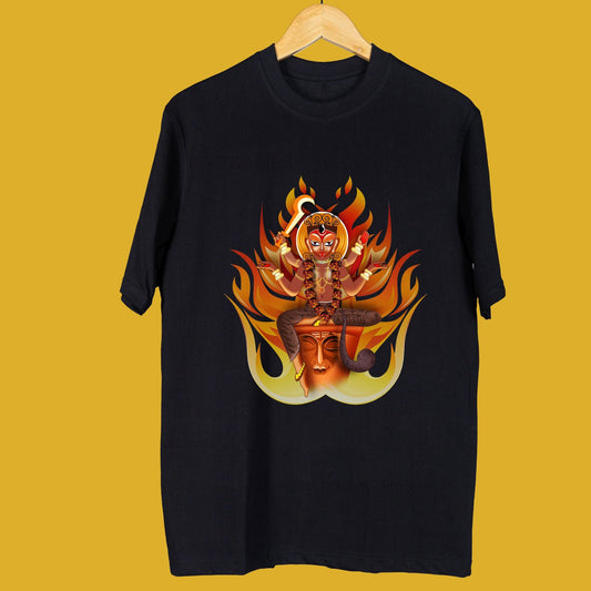 Black oversized T-shirt with a bold Namo Chandi design showcasing intricate fiery artwork, perfect for unisex styling and Bengali-inspired fashion.