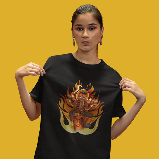 Black oversized unisex T-shirt featuring a vibrant Namo Chandi graphic with fiery orange and yellow tones, styled with Bengali typography.