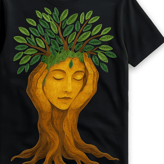Close-up of Tree of Life Graphic on Nature T-Shirt, showing intricate face and leaf details in high-definition print on soft cotton fabric.