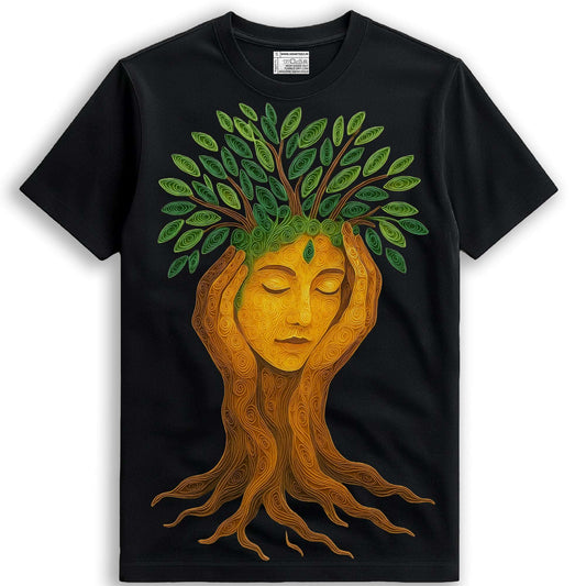 Nature T-Shirt - Tree of Life Graphic in vibrant orange and green on black cotton, blending art and nature for a peaceful, earthy look.