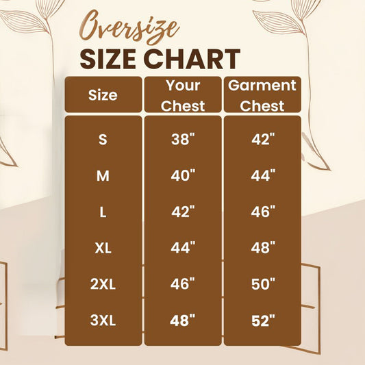 Oversized T-shirt size chart for Shohor Juree Jeno Ghamer Morsum, showing chest measurements from S to 3XL for unisex summer wear.