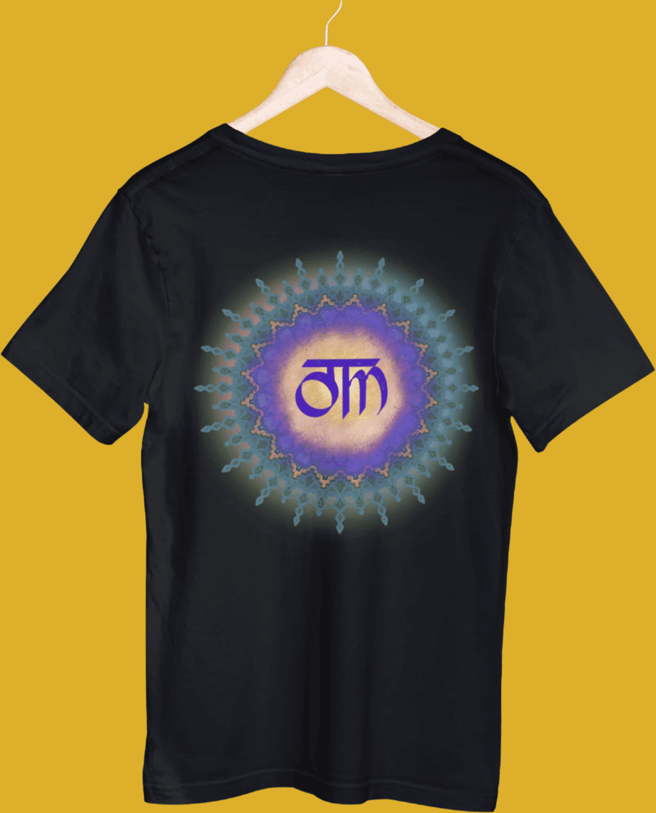 Om unisex t-shirt in black with a spiritual mandala design. Made from 100% bio-washed cotton for comfort and durability, perfect for everyday wear.