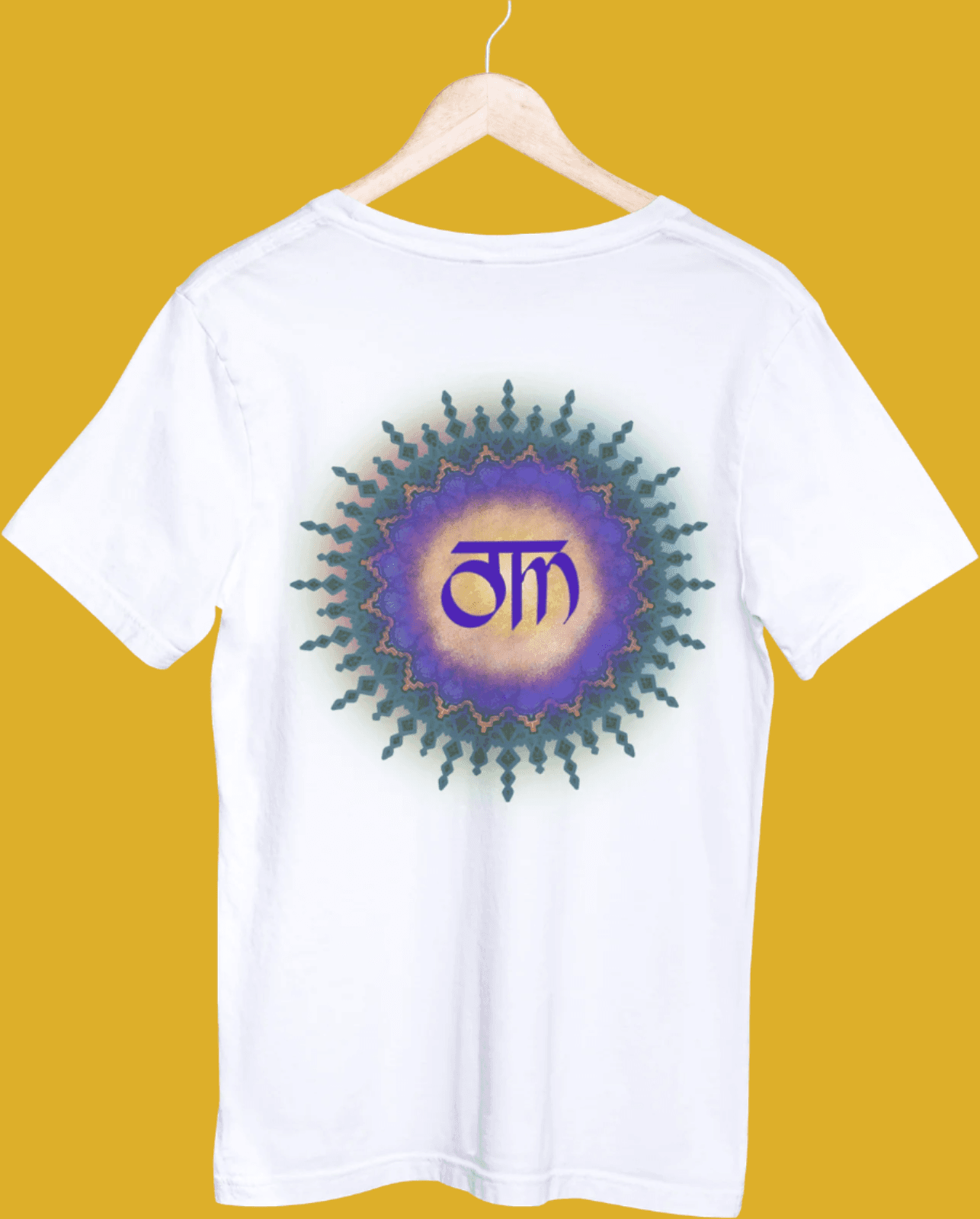 White Om unisex t-shirt featuring a vibrant mandala print. Crafted from eco-friendly cotton, offering a regular fit and easy wash for daily style.
