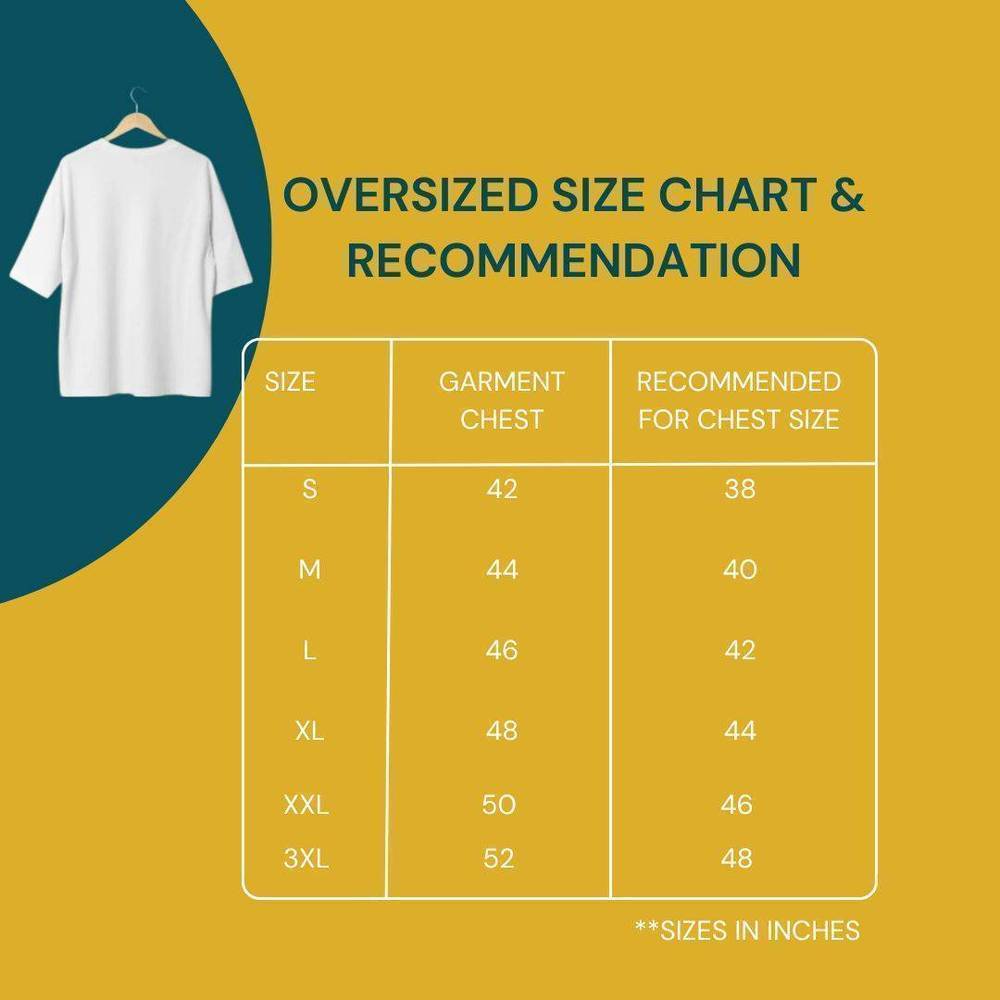 Oversized t-shirt size chart with garment chest and recommended chest sizes, available in sizes S to 3XL for Music My Love t-shirt.