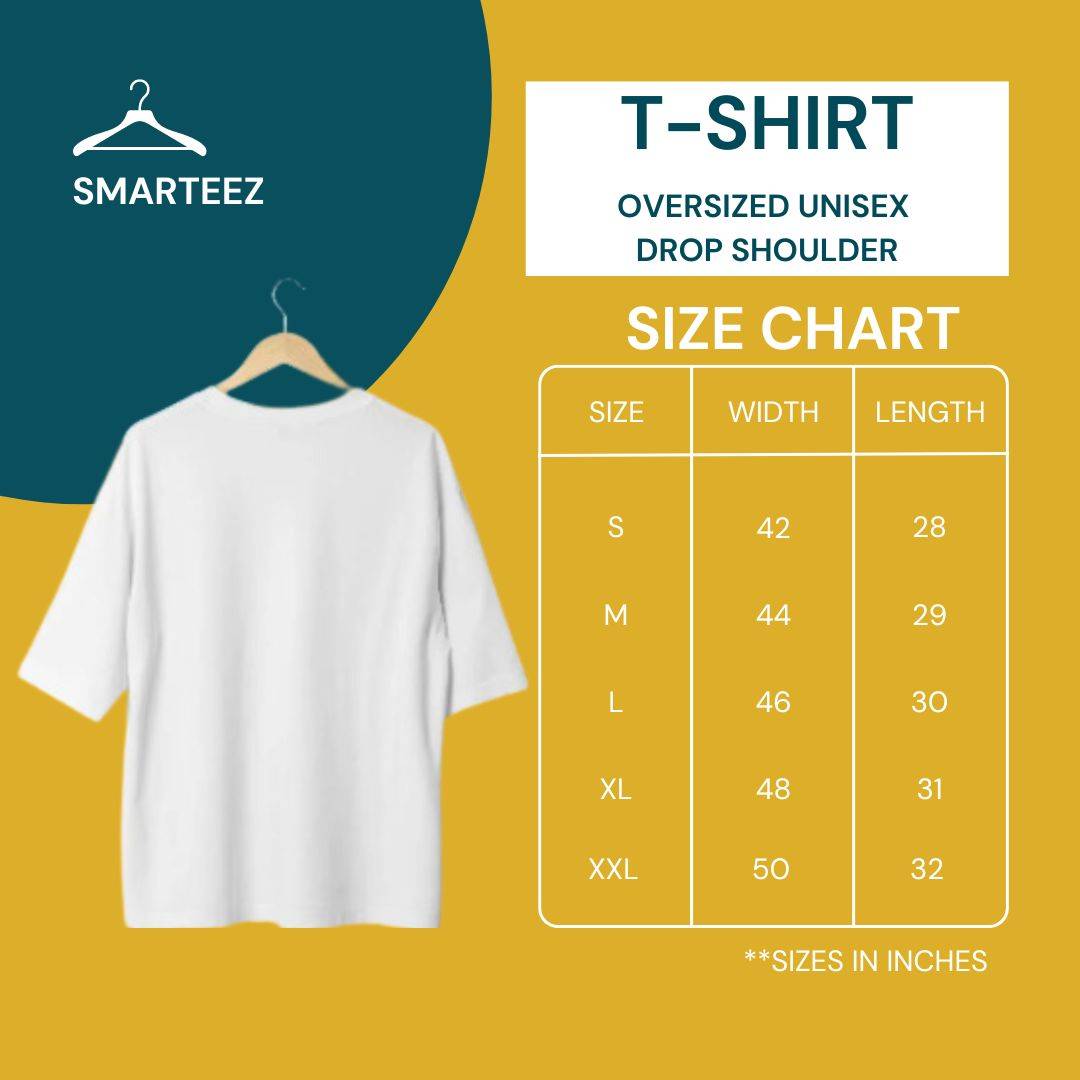 Size chart for Amar Priyo Khabar oversized unisex T-shirt, showing dimensions for sizes S to XXL with drop shoulder design.