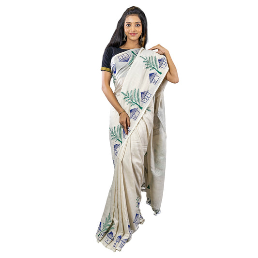 Pather Panchali Saree - Pure Khadi Cotton draped front view, showcasing Bengali village house prints and leafy green accents on beige fabric.
