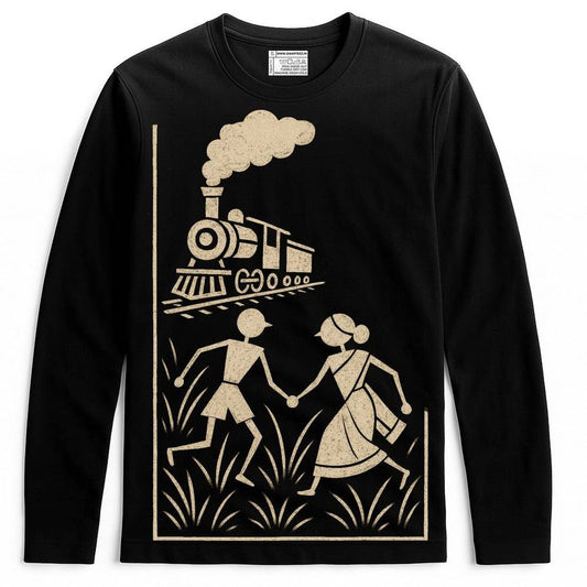Full sleeves Pather Panchali T-shirt in black featuring Warli art of children and train, inspired by Ray’s film and Bibhutibhushan’s novel.