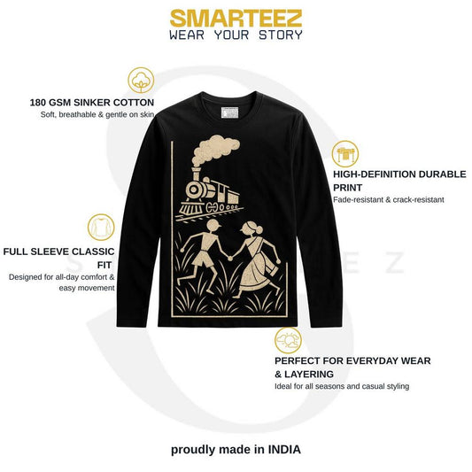 Black cotton Pather Panchali full sleeves T-shirt with Warli art, highlighting features like HD print, comfort fit, and breathable fabric.