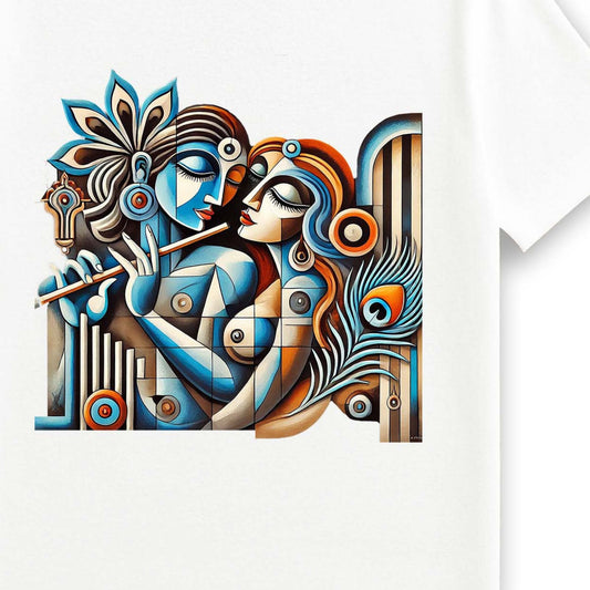 Close-up of Radha Krishna T-shirt design showcasing intricate Patachitra artwork with bold colors and detailed patterns on premium cotton fabric.