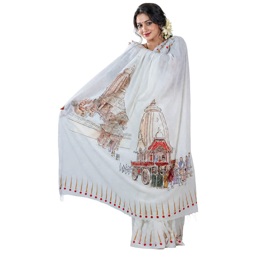 Rath Yatra Khadi Saree — Jagannath Temple & Chariot Print