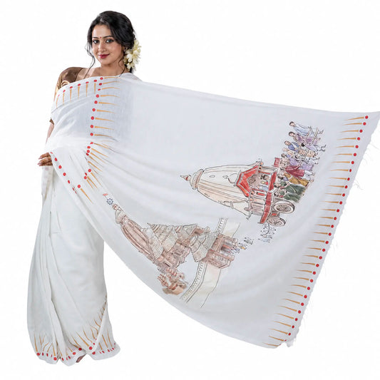 Rath Yatra Khadi Saree — Jagannath Temple & Chariot Print