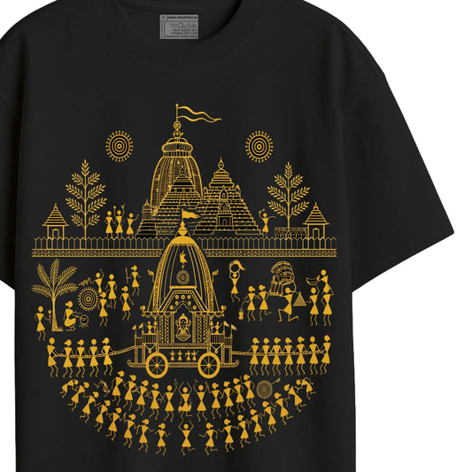 Close-up of gold Warli folk art print – Jagannath Temple and Rath Yatra chariot procession | HD DTF EcoPassport certified print on 220 GSM pure cotton