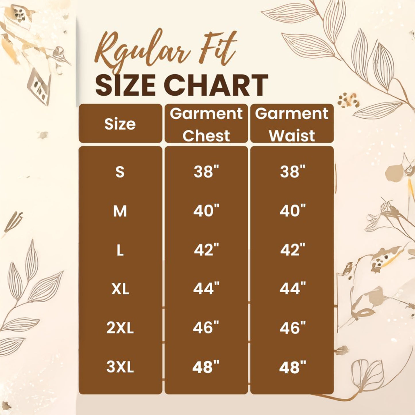 Regular fit size chart for Smarteez T--shirts from size S to 3XL in inches.