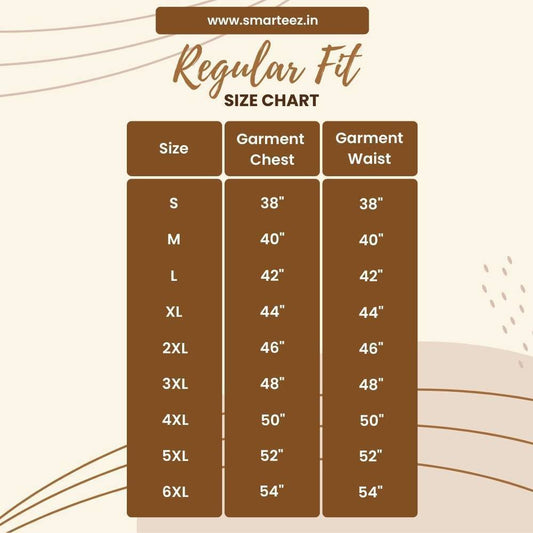 Smarteez regular fit size chart for unisex T-shirts, showing chest and waist measurements from size S to 6XL.