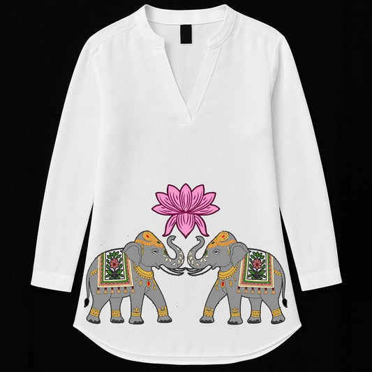 Graphic printed kurti in white cotton featuring two royal elephants and a pink lotus, ideal for festive and cultural wear.