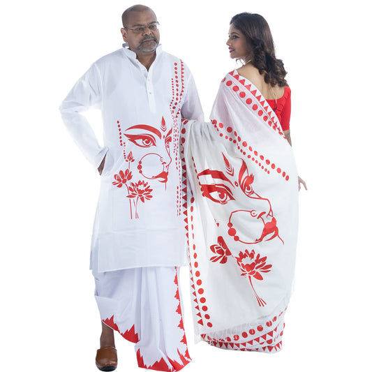Durga Puja Sakti couple combo, matching Maa Durga eyes print panjabi and saree in cotton and khadi cotton
