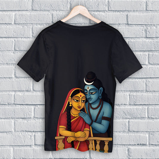 Shiva-Parvati Tee - Maa Durga T-Shirt in black with vibrant Bengali art of Shiva and Parvati on balcony, made from premium cotton.