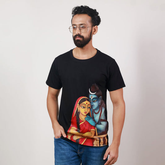 Unisex Shiva-Parvati Tee - Maa Durga T-Shirt in regular fit, featuring bold cultural artwork on soft black cotton fabric.