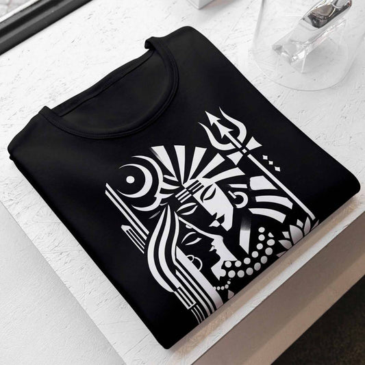 Shiva-Sakti T-Shirt featuring a bold black and white graphic of divine energies. Unisex 100% cotton tee, perfect for spiritual and artistic expression.