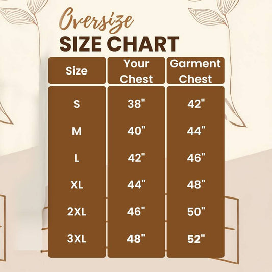 Oversize size chart showing chest measurements from S to 3XL for unisex oversized fit t-shirt.