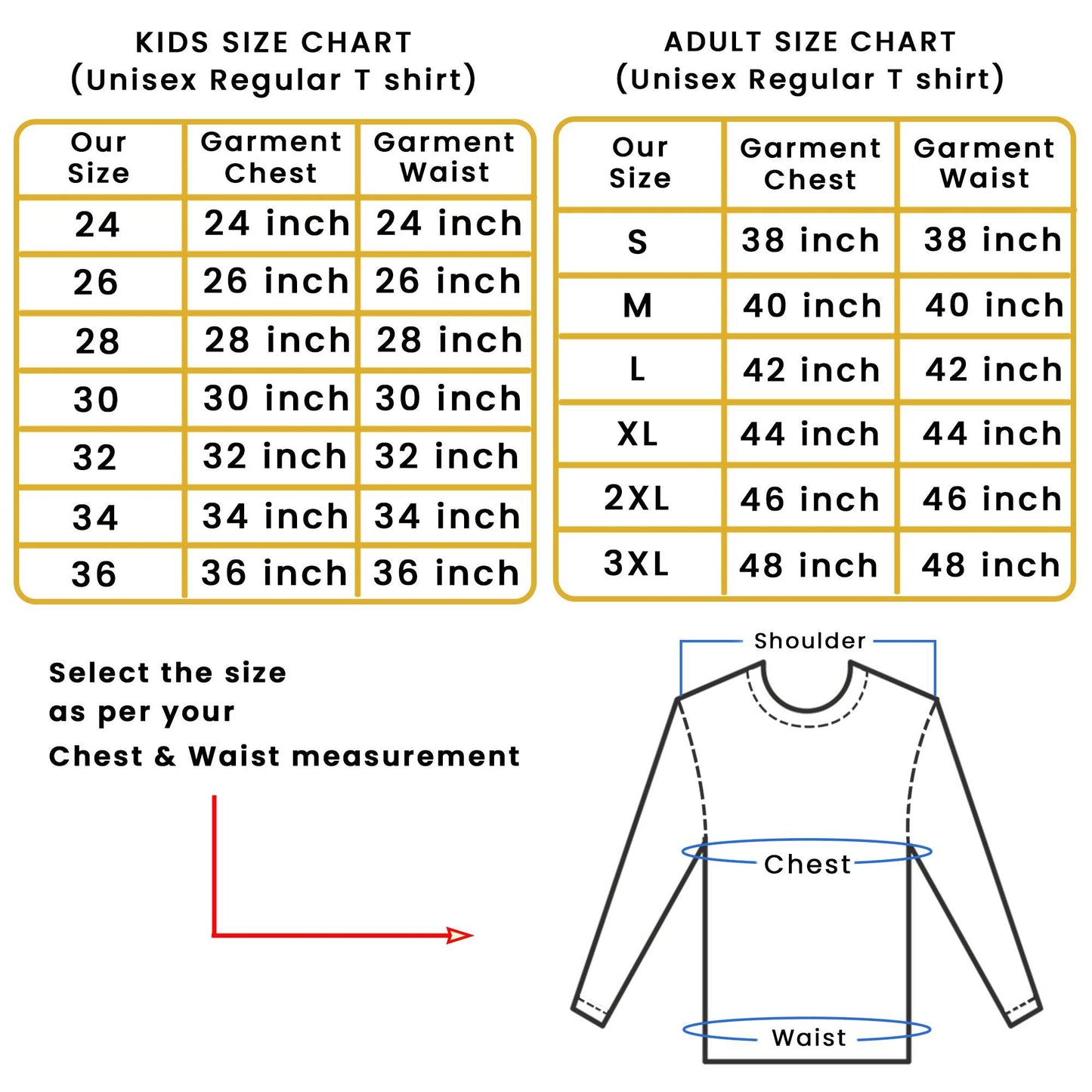 Size chart for unisex regular T-shirts showing chest and waist measurements for kids and adults, with a diagram of the T-shirt.