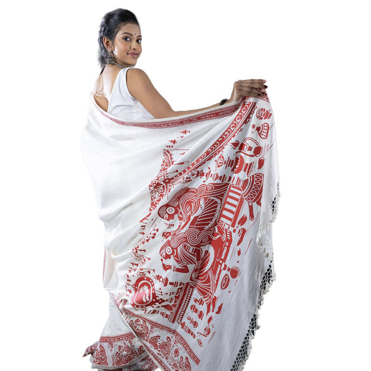 Back view of Sringer printed khadi cotton saree highlighting bold Kalighat Patachitra art in red on white.