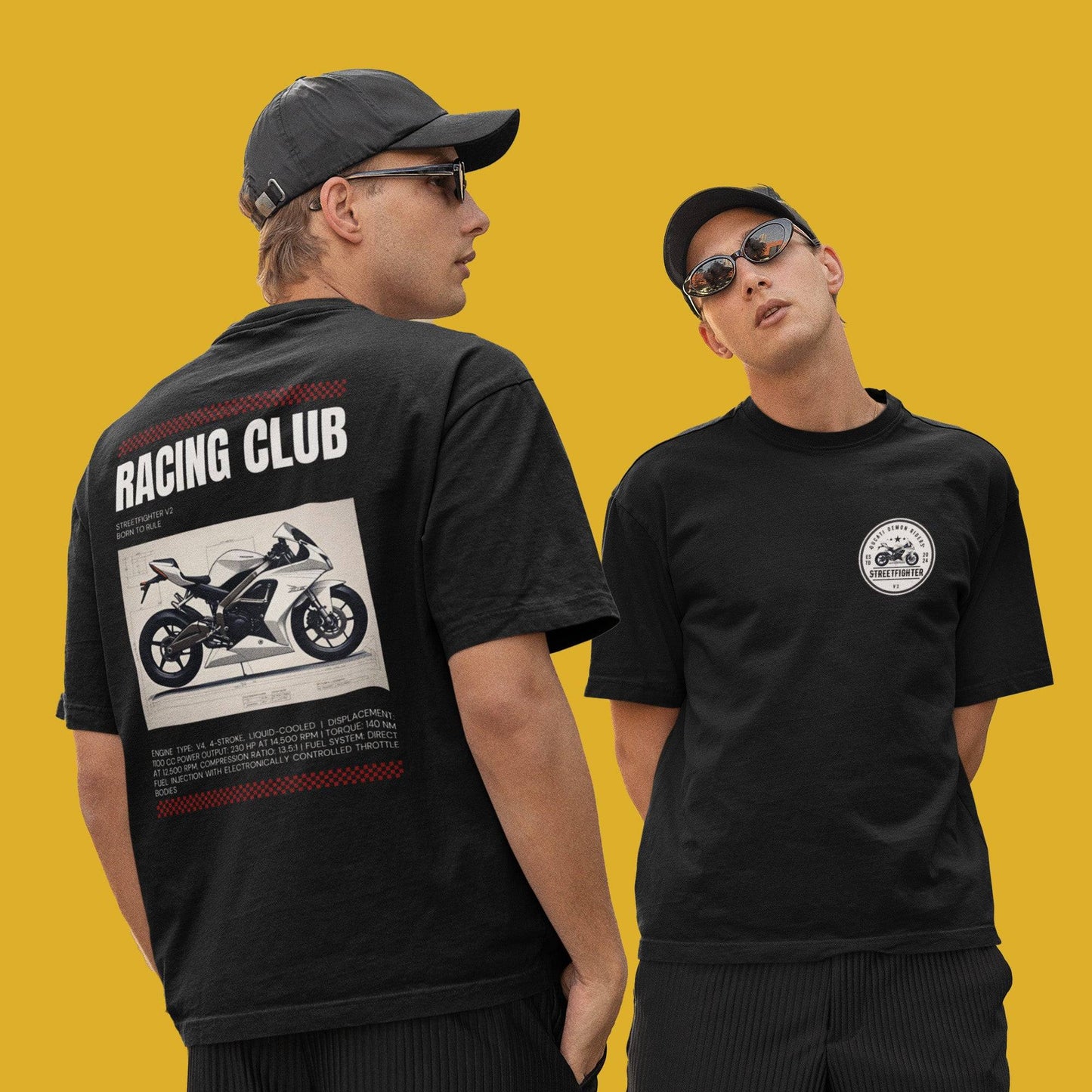 Unisex oversized black Streetfighter V2 biker T-shirt with bold motorcycle graphic and 'Racing Club' typography, styled for casual wear.