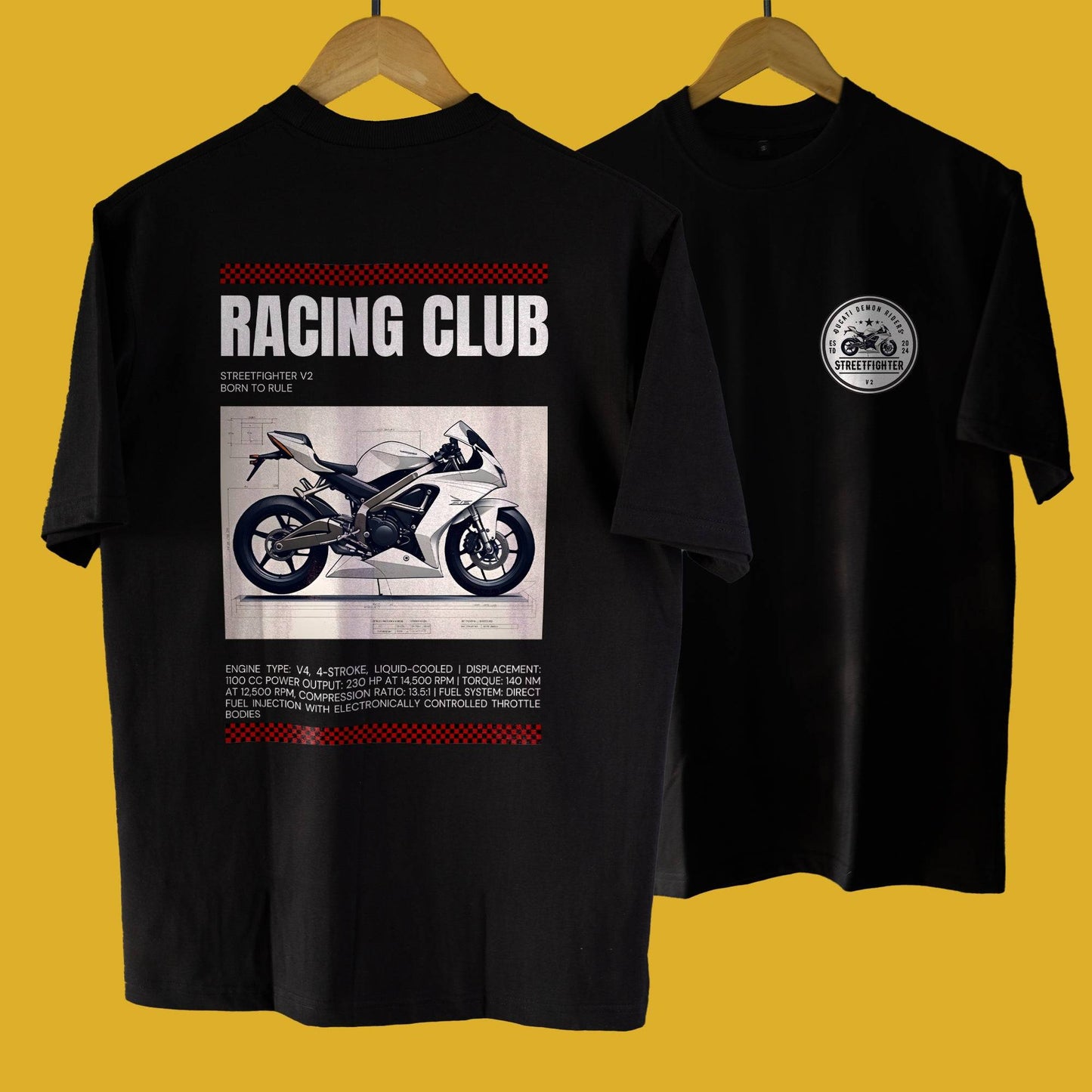 Streetfighter V2 oversized biker T-shirt in black featuring a motorcycle graphic and 'Racing Club' text on the back, with a minimalist front logo.