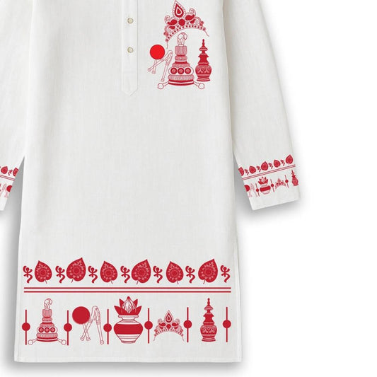 Bengali Wedding Graphic Kurta in premium cotton featuring red traditional motifs like kalash, shankha, and bride-groom icons on white fabric.