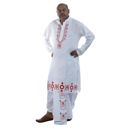 Durga Puja Swastik motif panjabi for men, white cotton with red and ochre auspicious symbol print