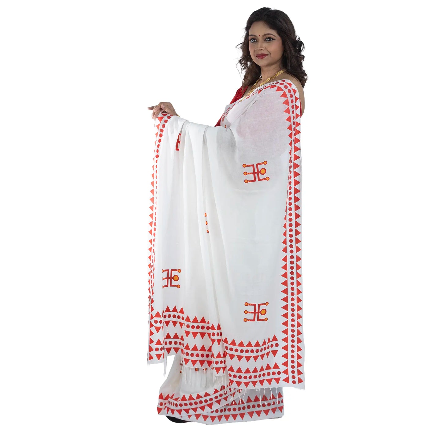 Durga Puja special khadi cotton saree side view with Swastik motif print and geometric border, Bengali ritual wear