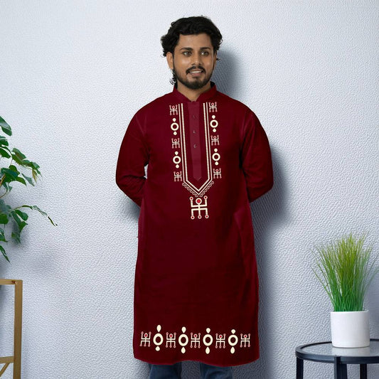 Bengali Art Kurta - Swastik Kurta in deep maroon with traditional white Swastik motif embroidery, ideal for festive and cultural occasions.