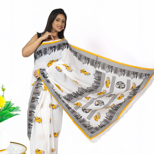 Kolkata Theme Cotton Saree in white with yellow taxi motifs and black cityscape border, ideal for festive wear and Bengali cultural celebrations.