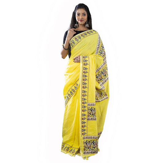 Yellow Tribal Dance Graphic Printed Saree in pure khadi cotton featuring intricate tribal border designs. Ideal for cultural and festive occasions.