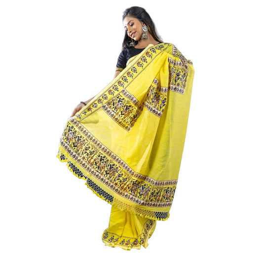 Tribal Dance Graphic Printed Saree in yellow khadi cotton with bold tribal motifs, styled for traditional wear. Limited edition ethnic fashion piece.