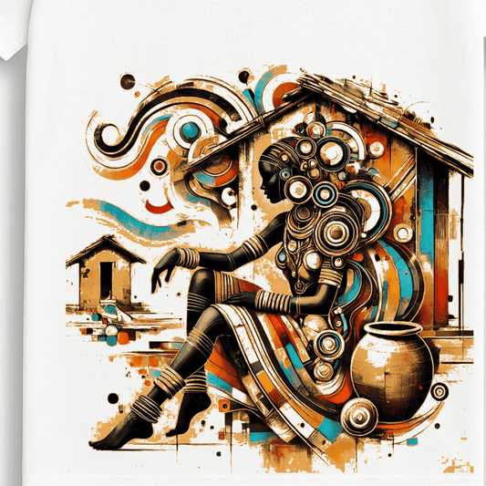 Close-up of Tribal Muse T-Shirt showcasing detailed abstract tribal woman graphic with vibrant swirls and traditional elements.